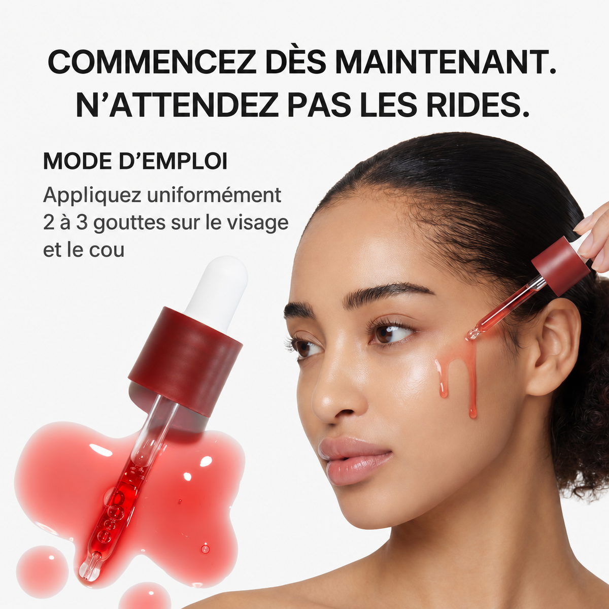 Mode d’emploi : deux à trois gouttes sur le visage et le cou